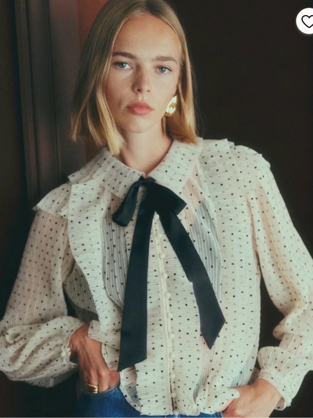 Sézane Women's Cream Polka Dot Ruffle Blouse with Black Bow